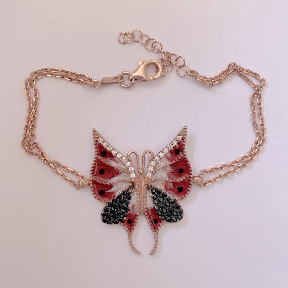 925 Silver red butterfly bracelet handmade enamel 14k rose gold plated cz stones